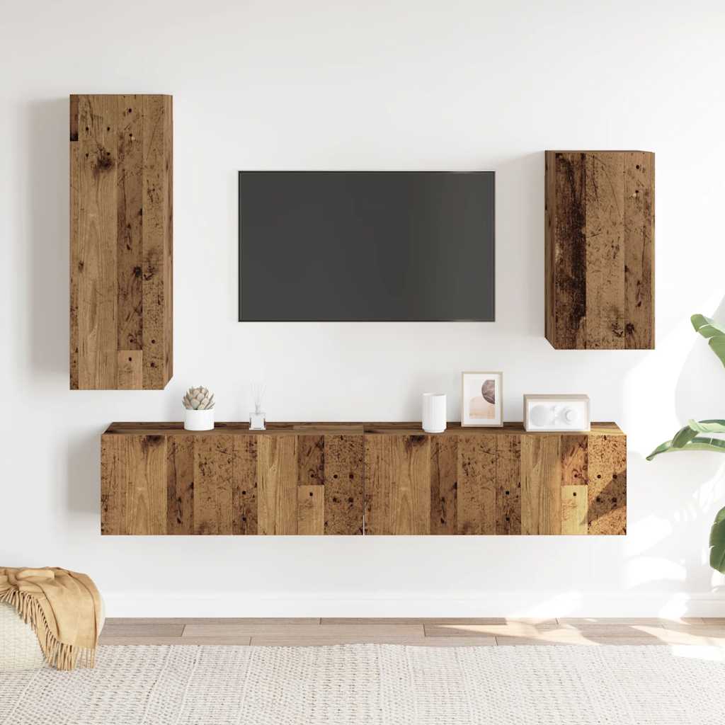 4 Piece TV Cabinet Set Wall-mounted Old Wood Engineered Wood